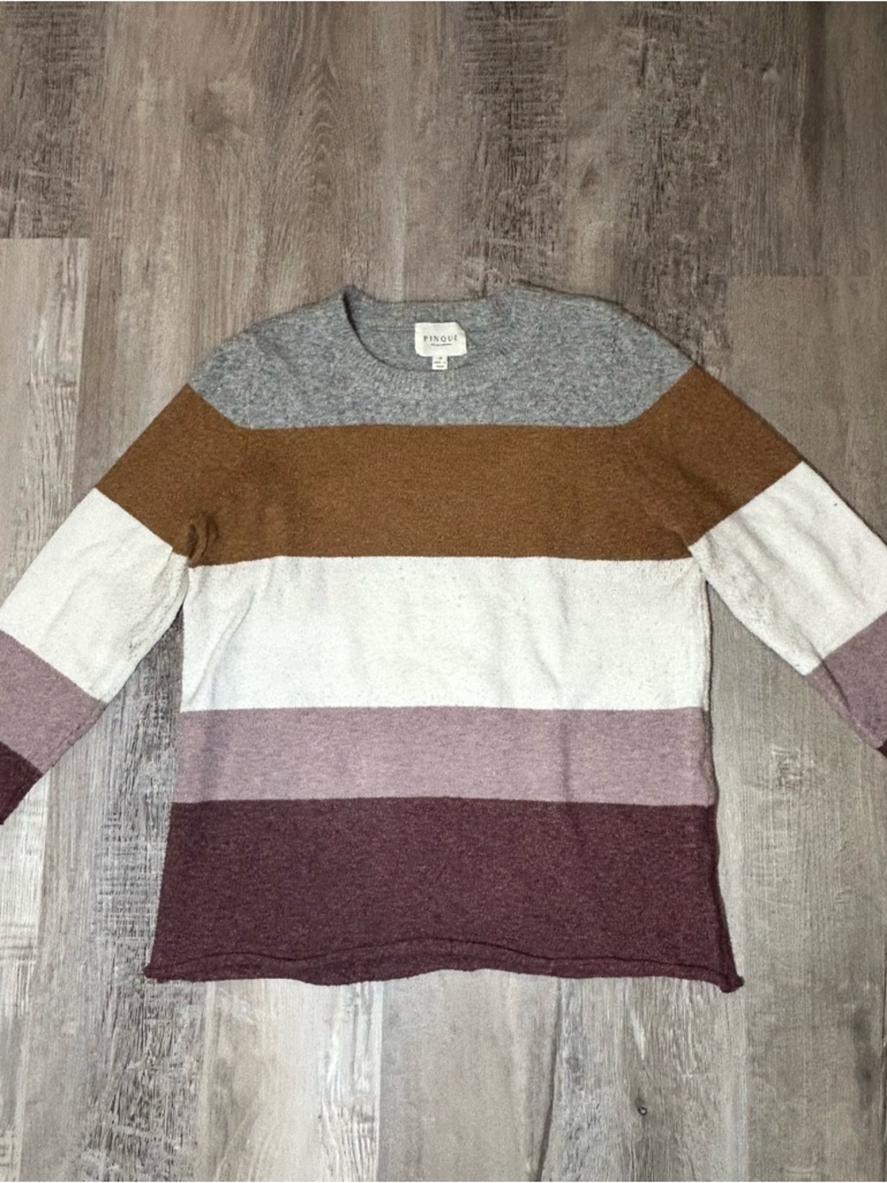 Women's Striped Crewneck Sweater in Gray, Brown & Mauve - PINQUE